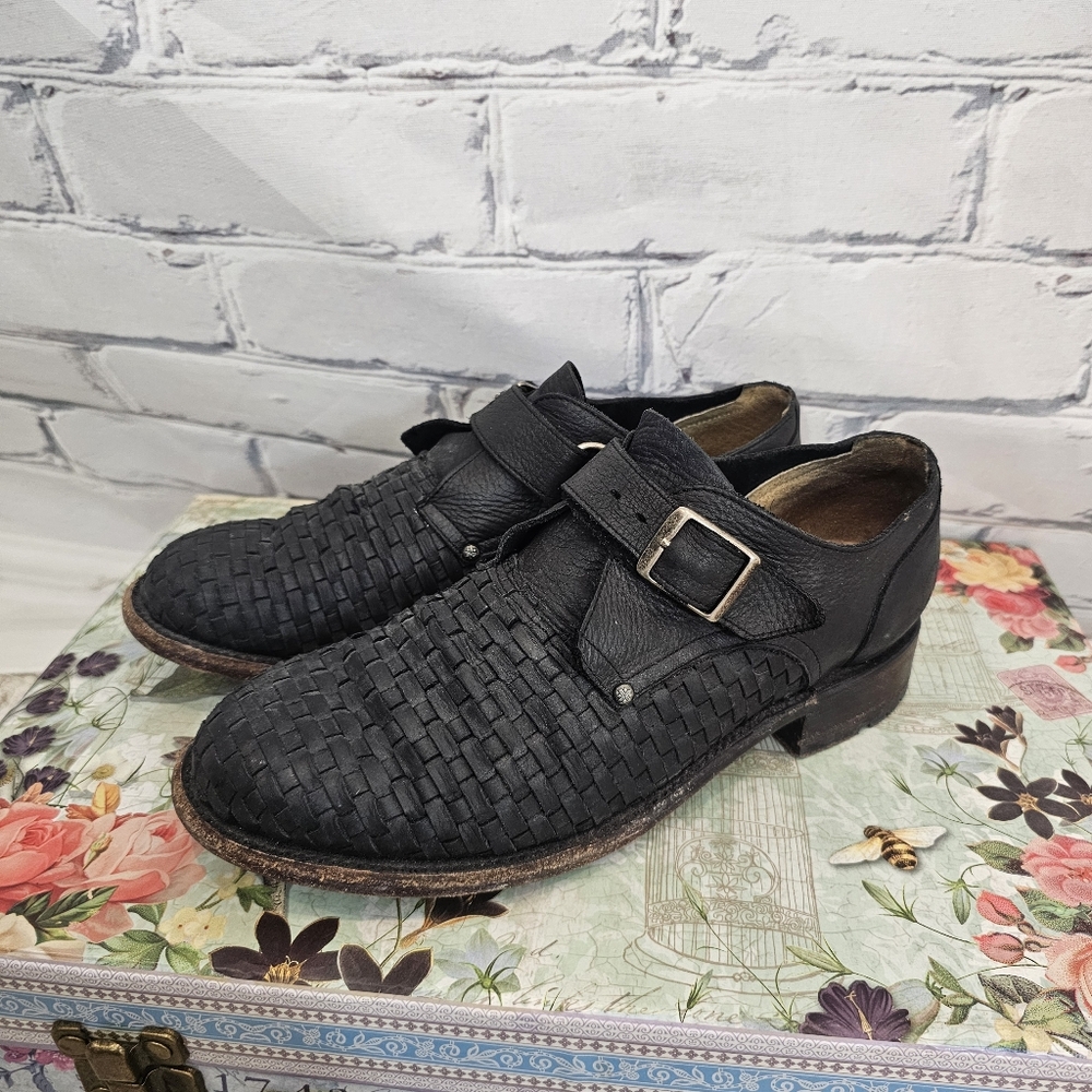 John Fluevog Ayn Flat Buckled Woven Shoes